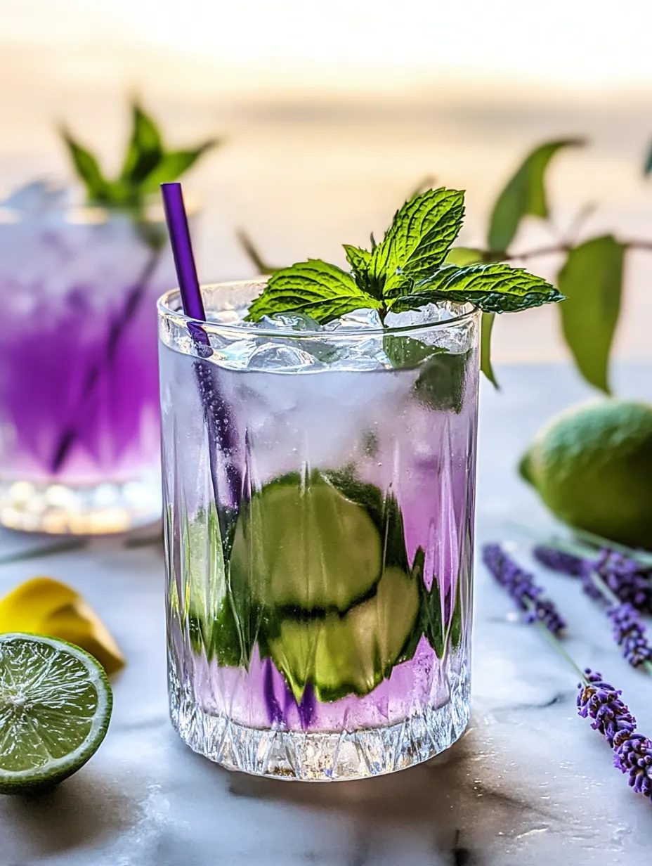 A glass of purple drink with a mint garnish.