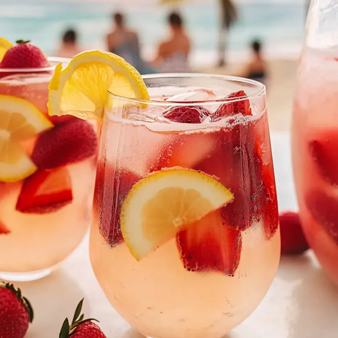 Two glasses of pink lemonade with strawberries in them.