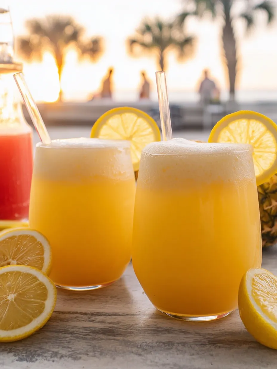Two glasses of lemonade on a table.