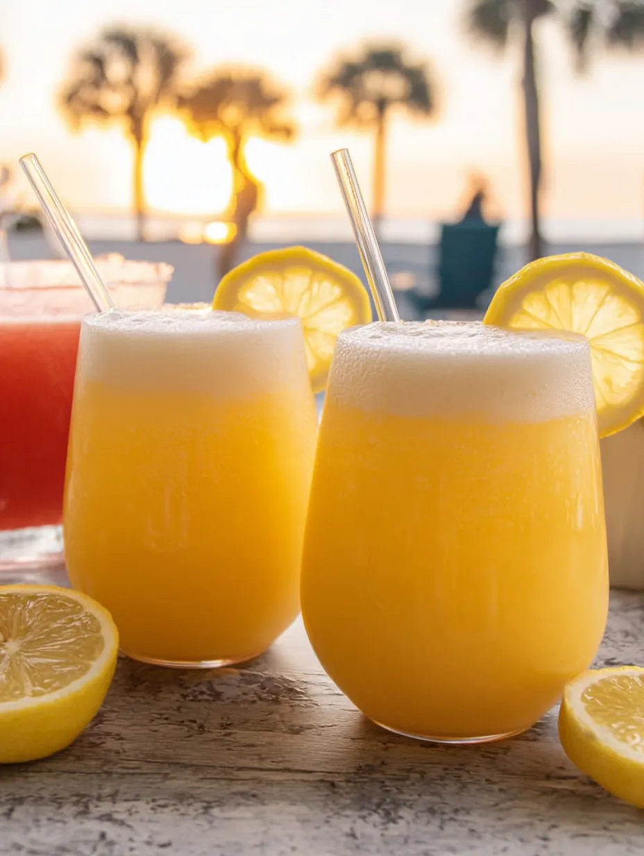 Three glasses of lemonade on a table.