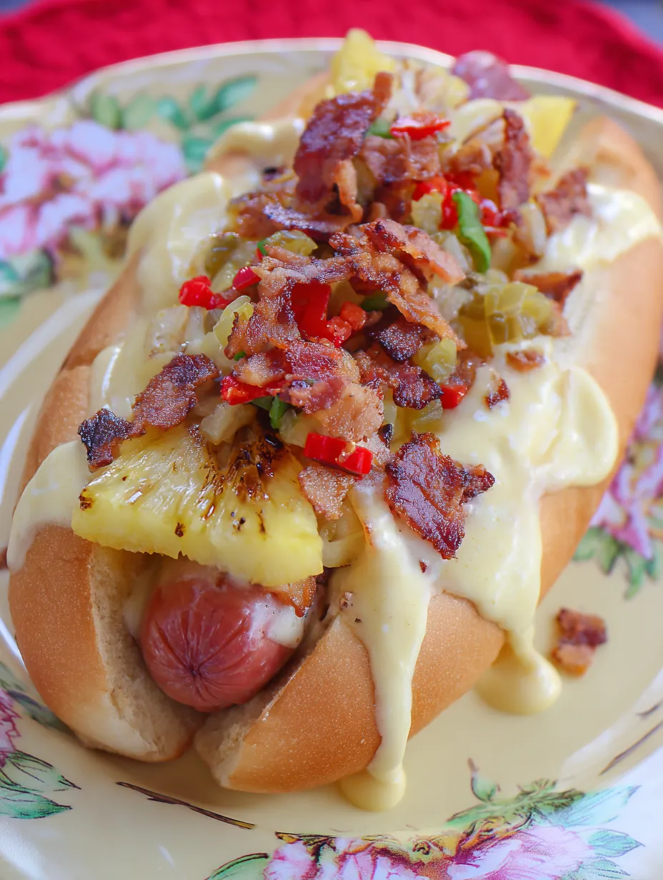 A hot dog with pineapple and bacon on top.
