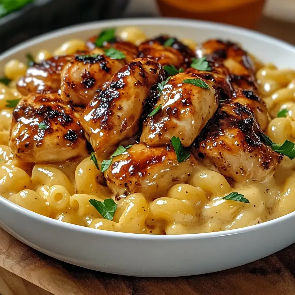 A bowl of creamy macaroni and cheese topped with glazed grilled chicken pieces and garnished with fresh parsley.