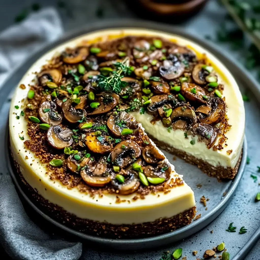 A cheesecake topped with sautéed mushrooms and sprinkled with pistachios, presented on a round gray plate with a slice removed.