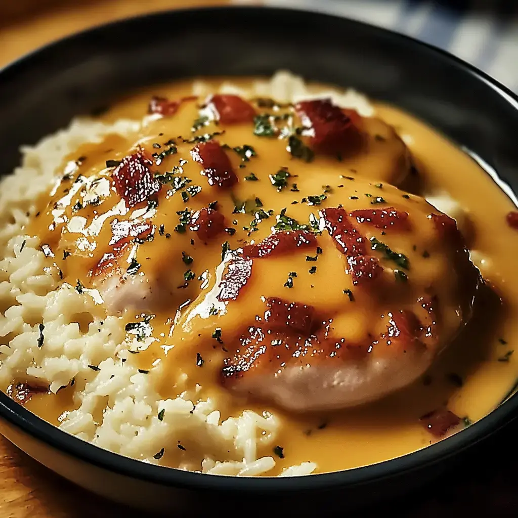 A close-up of two chicken breasts topped with a creamy sauce and bacon bits, served over a bed of white rice in a black bowl.