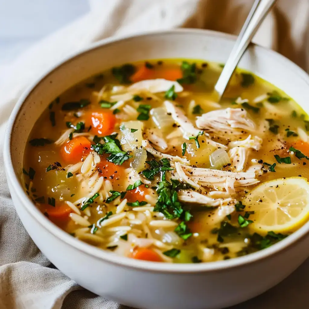 A bowl of chicken soup with shredded chicken, carrots, orzo pasta, and garnished with fresh herbs and lemon slices.