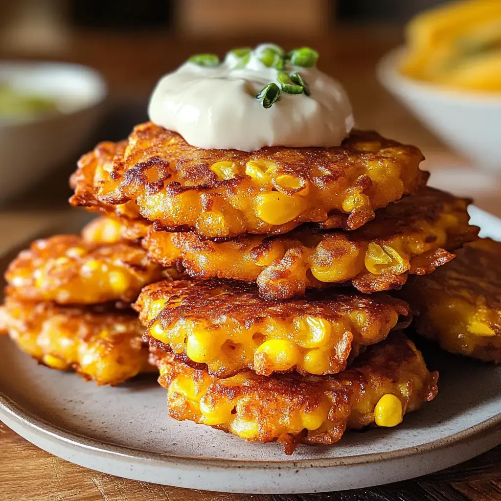 A stack of golden-brown corn fritters topped with sour cream and green onions on a ceramic plate.