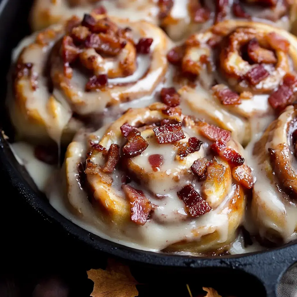 A close-up of cinnamon rolls topped with a creamy glaze and crispy bacon bits, served in a cast iron skillet.