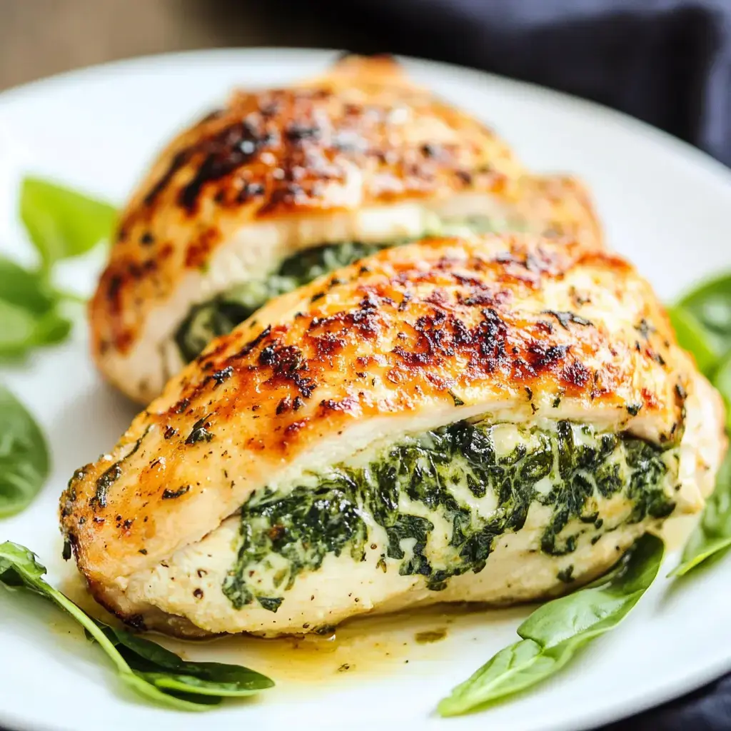 Two stuffed chicken breasts with a golden-brown crust and a green spinach filling, garnished with fresh greens on a white plate.