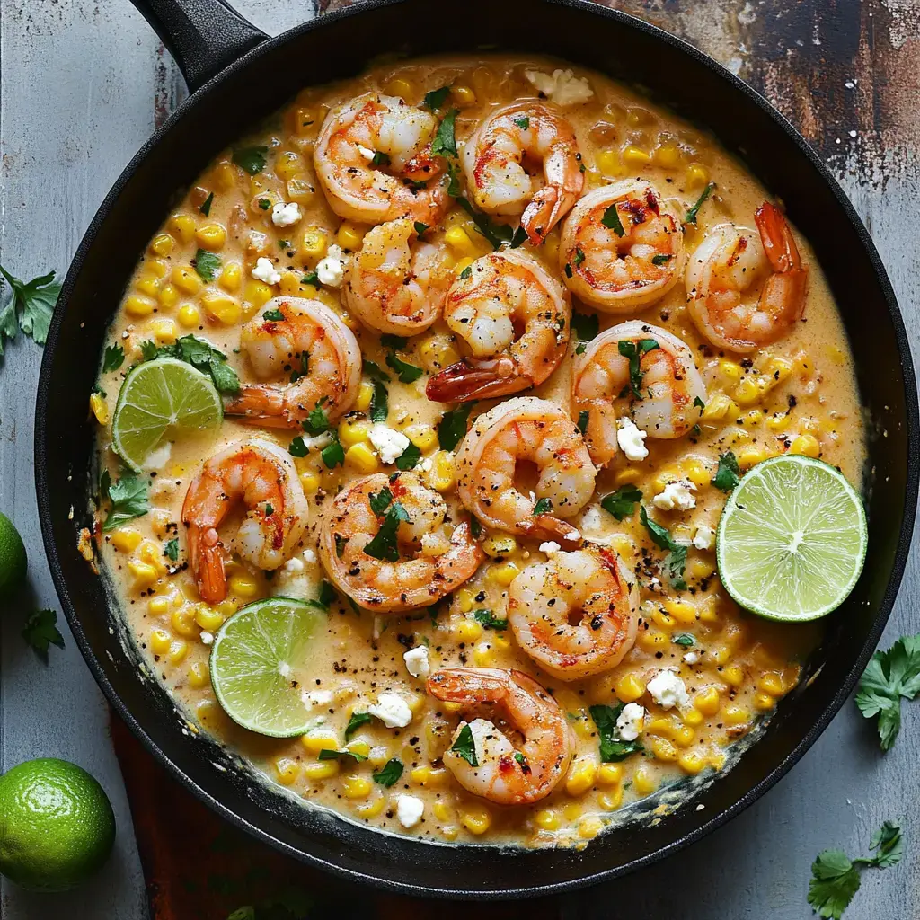 A skillet filled with cooked shrimp atop a creamy corn mixture, garnished with cilantro and lime slices.