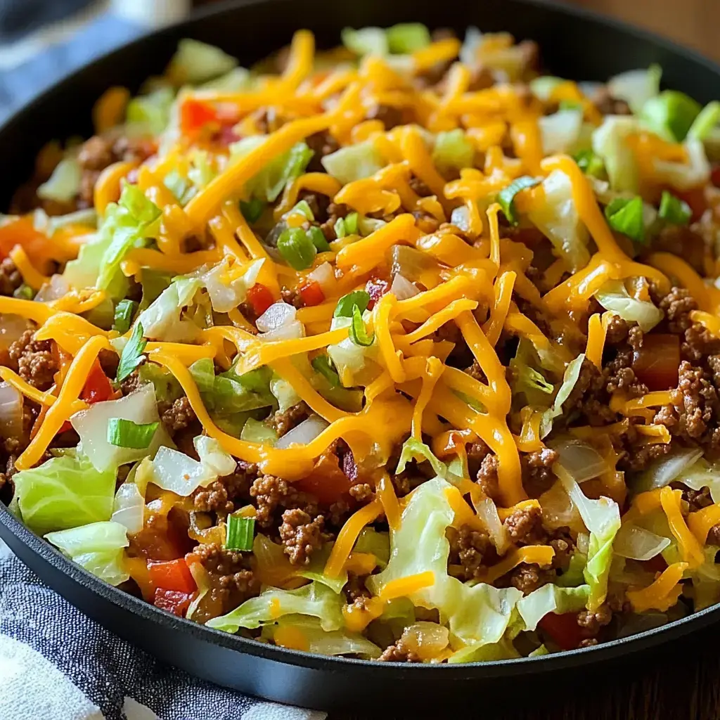 A colorful salad topped with seasoned ground beef, shredded cheese, and chopped vegetables including lettuce, tomatoes, and green onions in a black bowl.