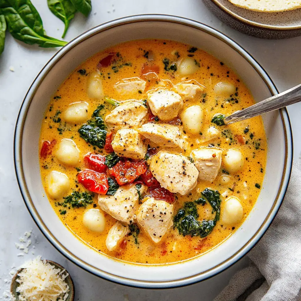 A creamy chicken and gnocchi soup with spinach and sun-dried tomatoes, garnished with black pepper, served in a bowl.