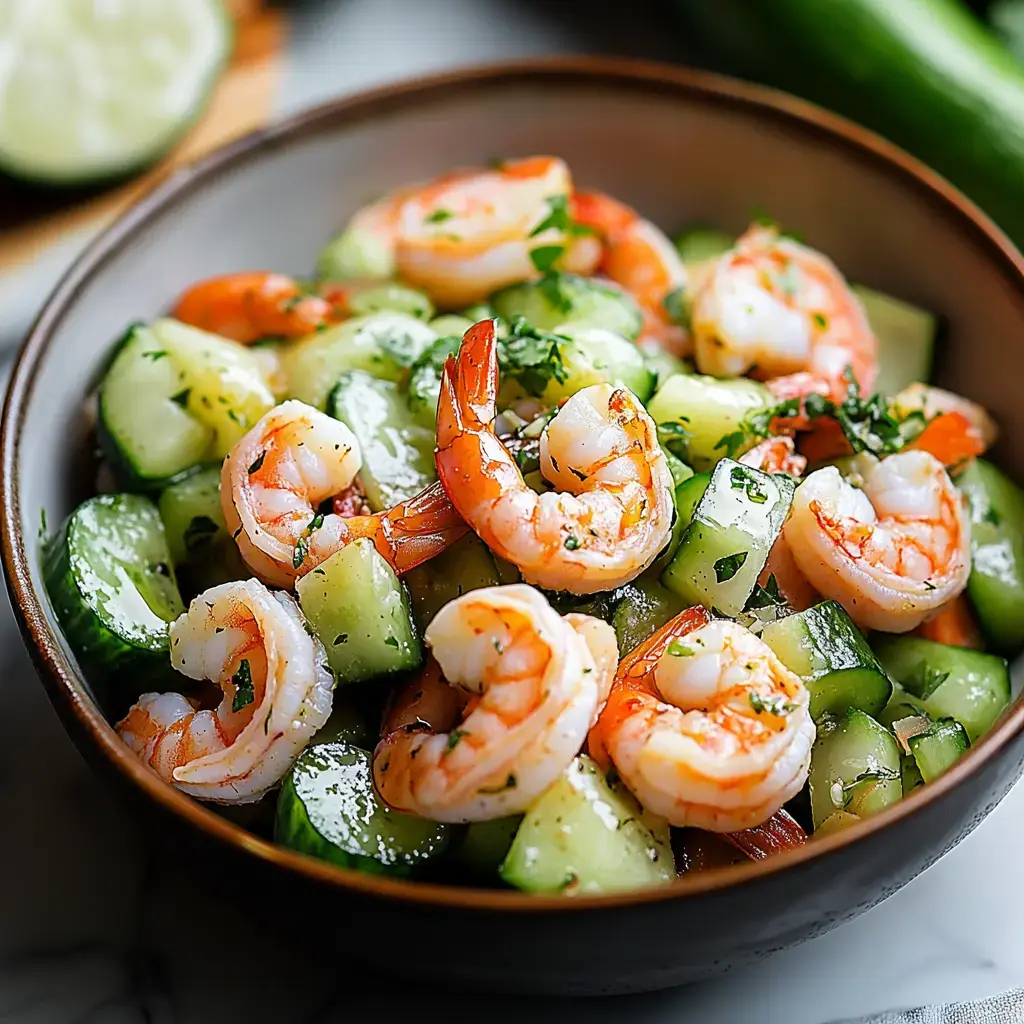 A bowl of shrimp salad featuring chopped cucumbers, shrimp, and fresh herbs.