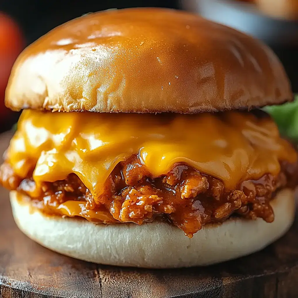 A close-up image of a cheeseburger featuring a glazed bun, melted cheddar cheese, and a savory meat filling, set on a wooden surface.