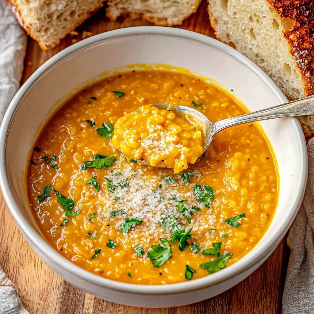 A bowl of creamy orange soup garnished with parsley and grated cheese, accompanied by slices of bread.