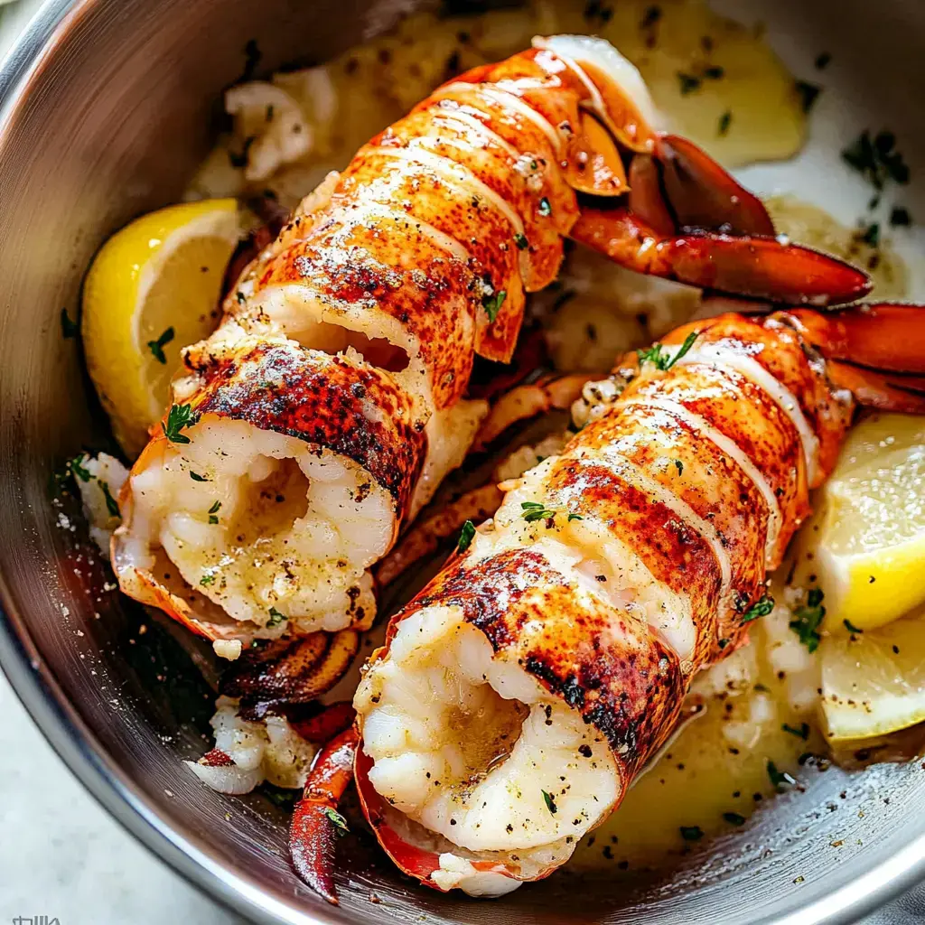 Two cooked lobster tails with seasonings and lemon wedges are displayed in a stainless steel bowl.