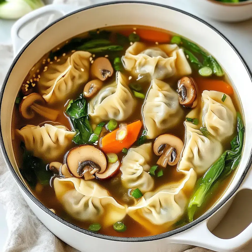 A pot of soup featuring dumplings, mushrooms, carrots, and leafy greens in a savory broth.