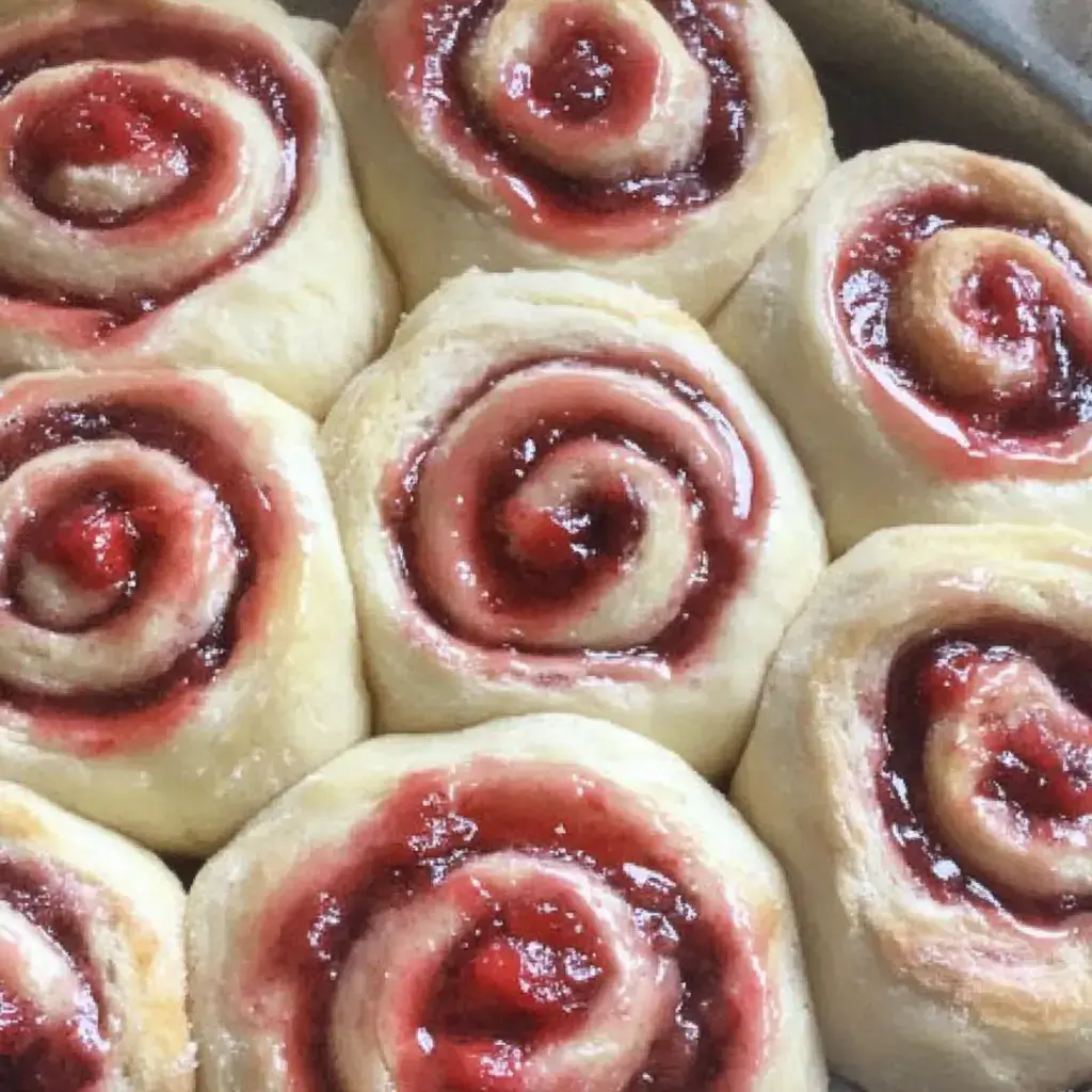 A close-up view of freshly baked cinnamon rolls with a glossy red glaze, arranged in a circular pattern.