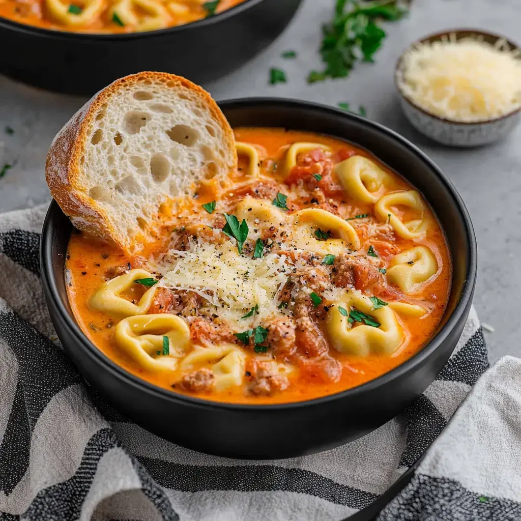 A bowl of creamy tortellini soup garnished with parsley and cheese, accompanied by a slice of bread.