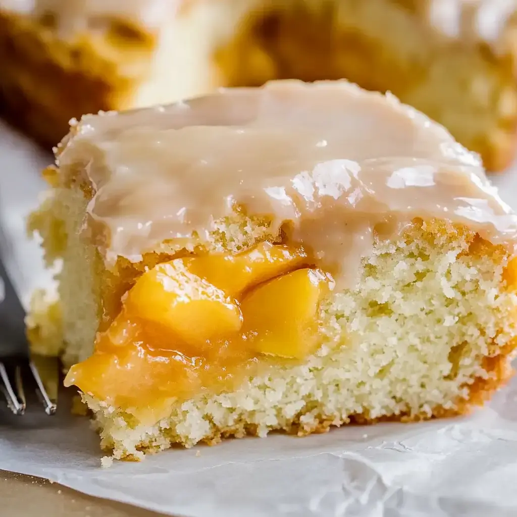 A close-up of a moist cake slice topped with a glossy glaze and filled with chunks of peach.