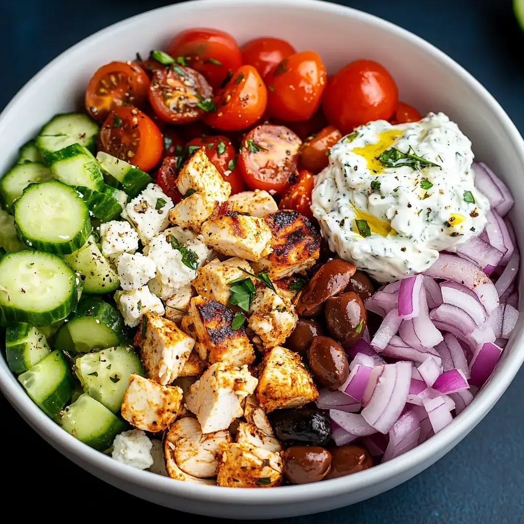 A vibrant salad bowl featuring diced grilled chicken, cucumber, cherry tomatoes, feta cheese, black olives, red onion, and a dollop of creamy herb dressing.