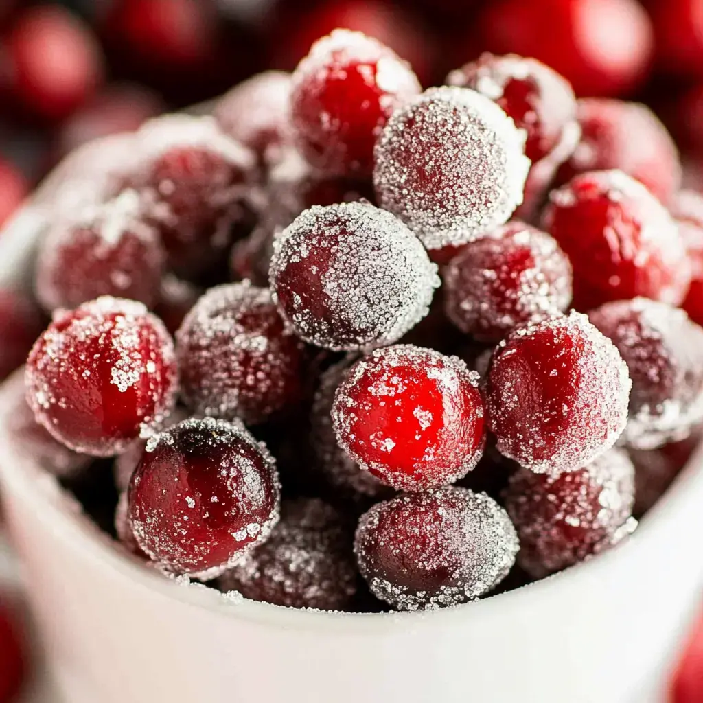 A close-up view of a bowl filled with glistening red cranberries coated in sugar.