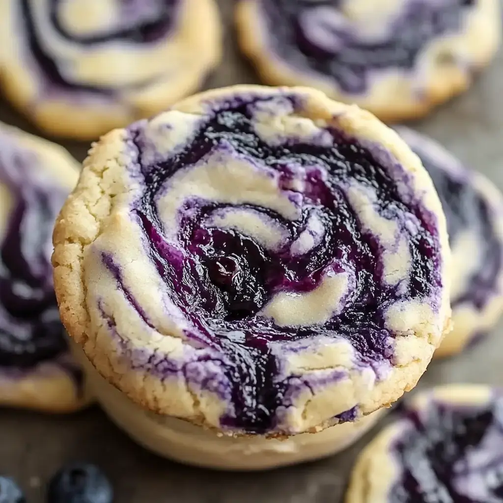 A close-up view of a swirl-patterned blueberry dessert, surrounded by similar treats and fresh blueberries.