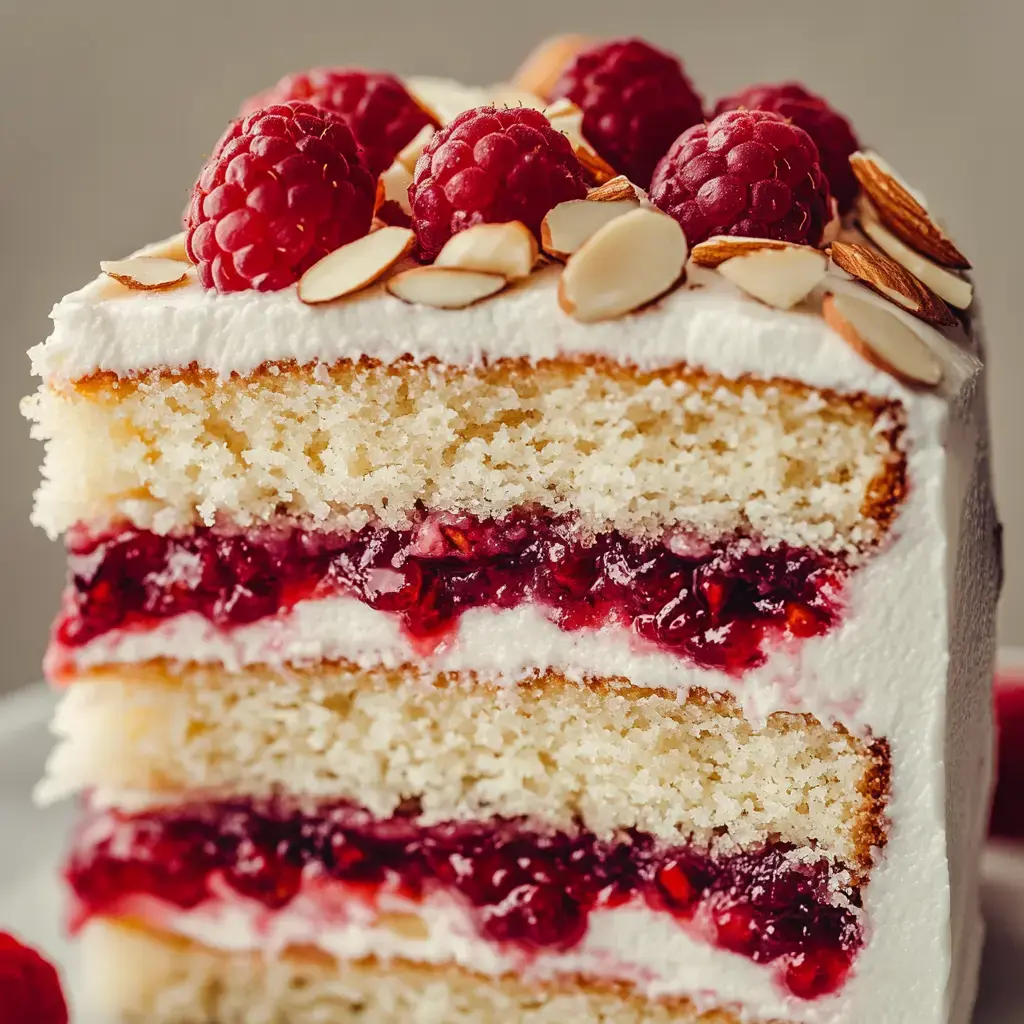 A slice of layered vanilla cake filled with raspberry jam and frosted with cream, topped with fresh raspberries and sliced almonds.