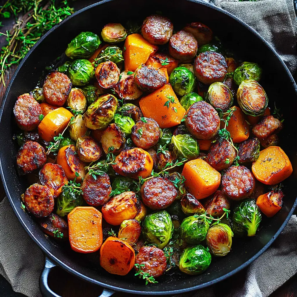 A skillet filled with roasted Brussels sprouts, orange squash, and sausage, garnished with fresh thyme.