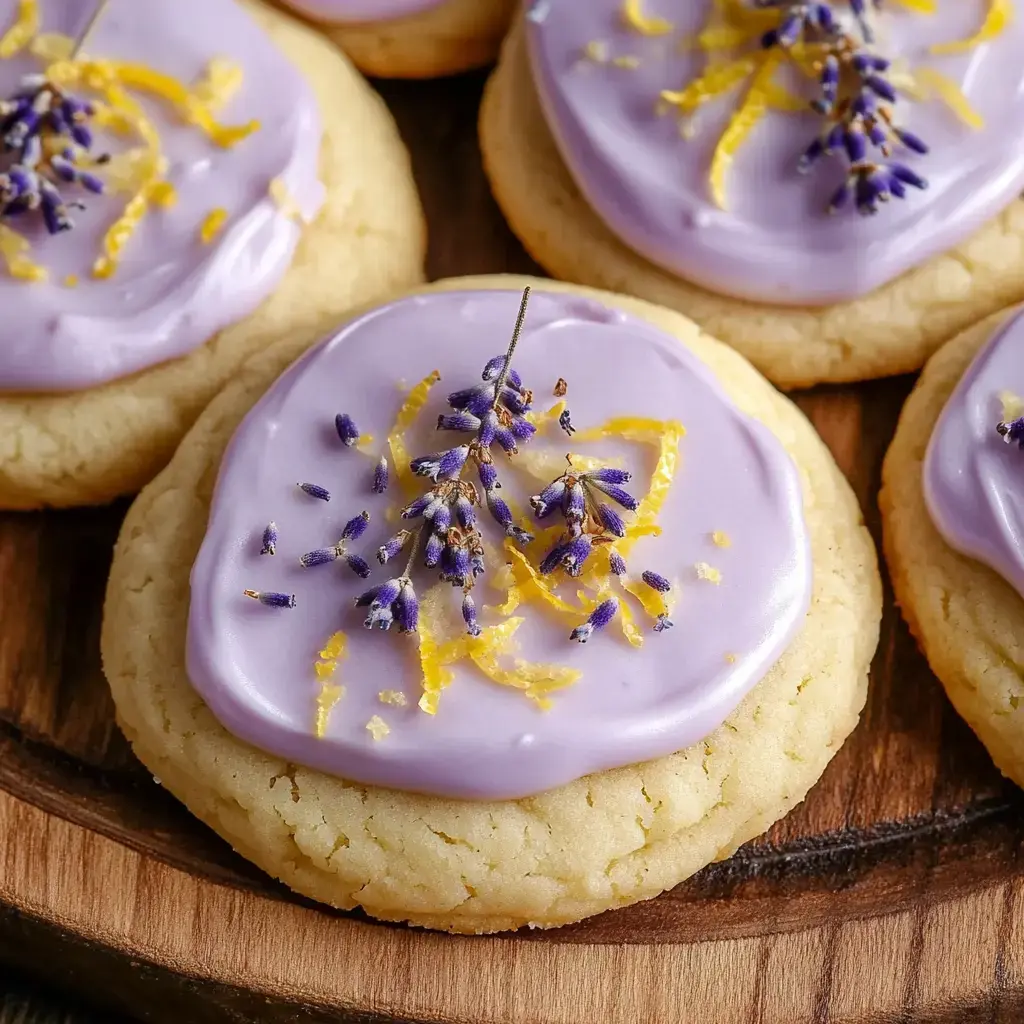 A close-up of cookies with lavender frosting, garnished with dried lavender flowers and lemon zest, arranged on a wooden plate.