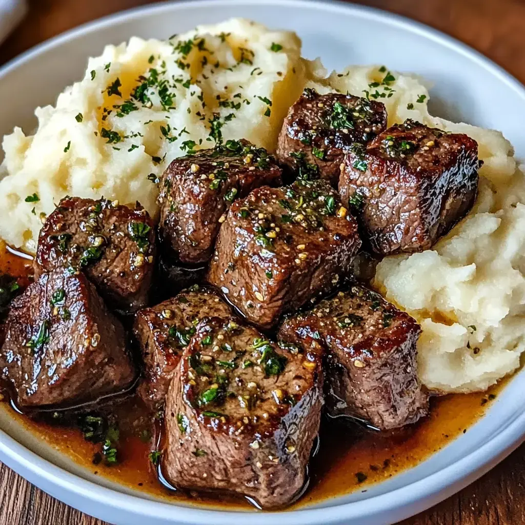 A plate of tender beef cubes served in a savory sauce alongside creamy mashed potatoes, garnished with herbs.