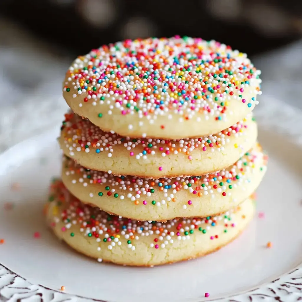 A stack of four colorful, sprinkle-covered cookies on a white plate.