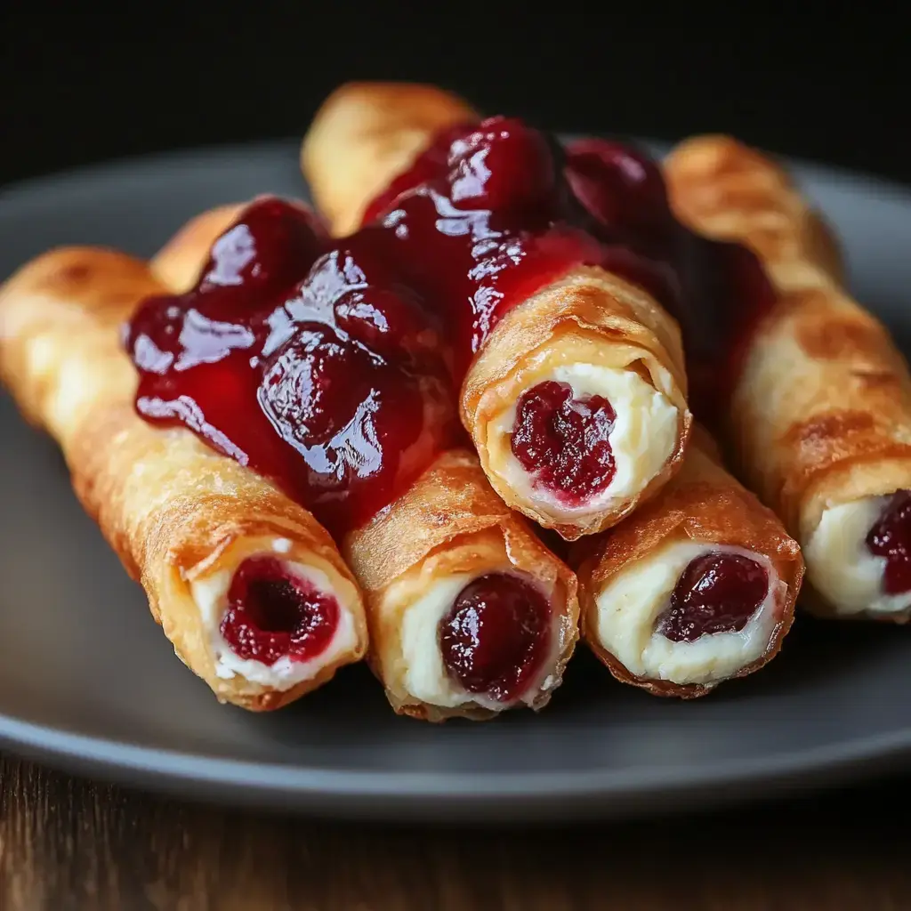 Four crispy rolled pastries filled with cream cheese and topped with a red fruit sauce are arranged on a dark plate.