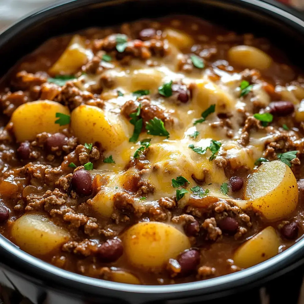 A close-up view of a hearty bean and meat stew topped with melted cheese and garnished with fresh parsley.