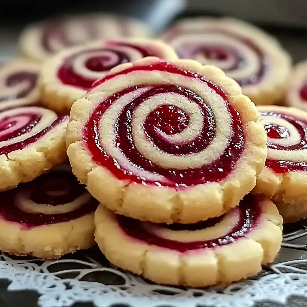 A close-up of several spiral-shaped cookies with a red fruit jam filling.