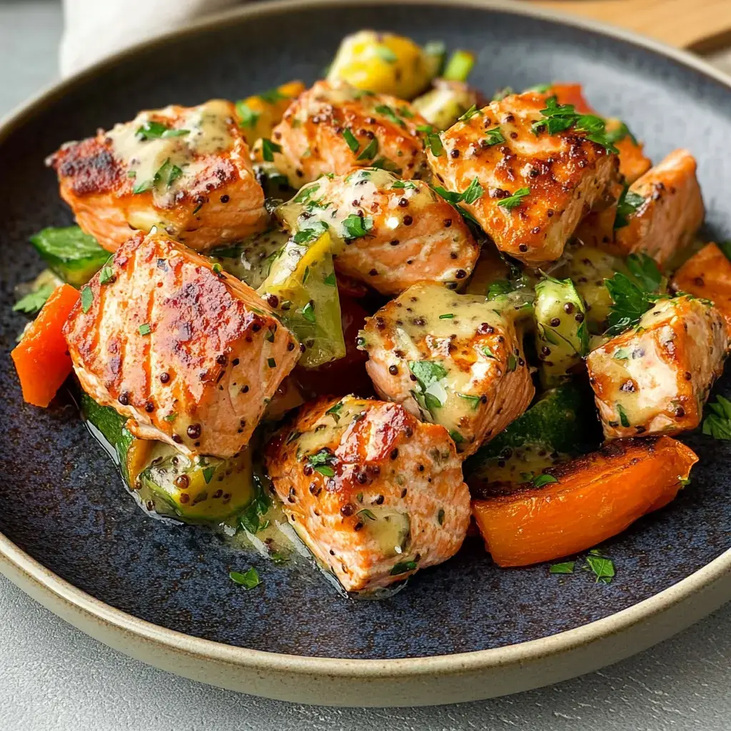 A plate of sautéed salmon pieces mixed with colorful bell peppers and garnished with herbs and a creamy sauce.