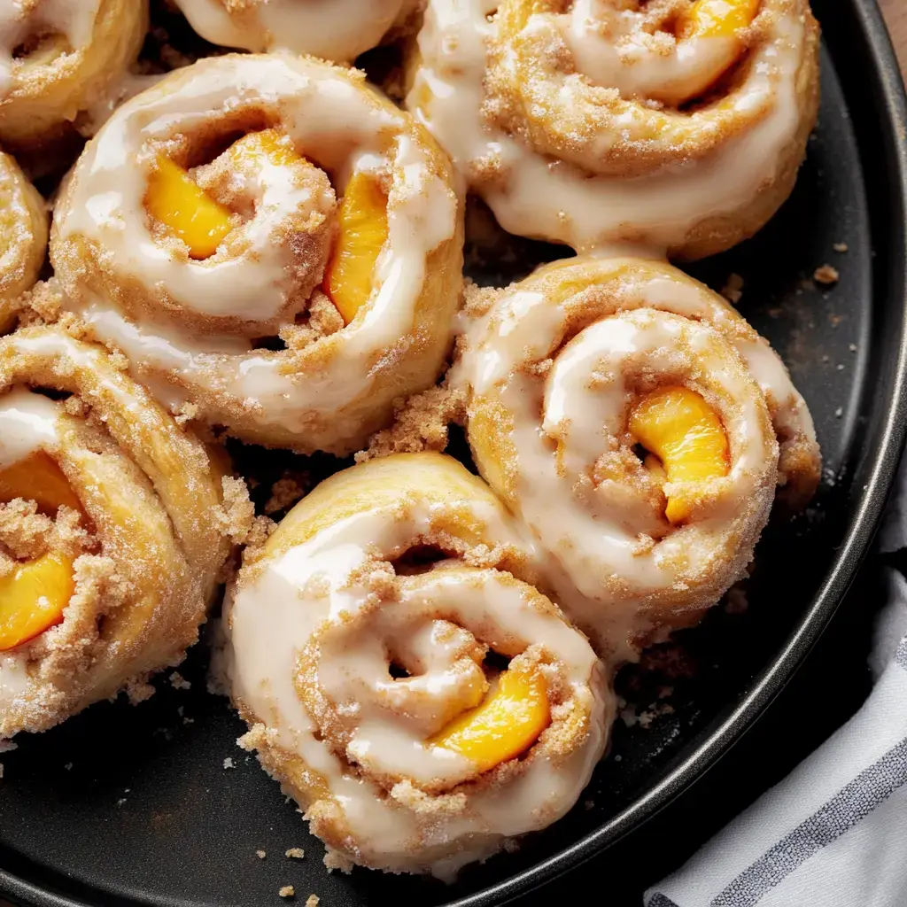 A close-up of sweet cinnamon rolls topped with glaze and filled with peach slices, served on a black plate.