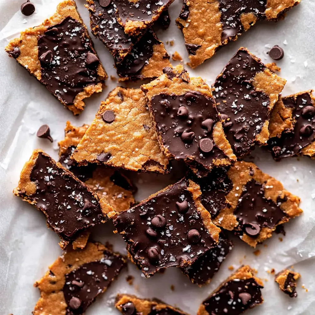 A collection of homemade chocolate-covered dessert bars scattered on parchment paper, topped with sea salt and chocolate chips.