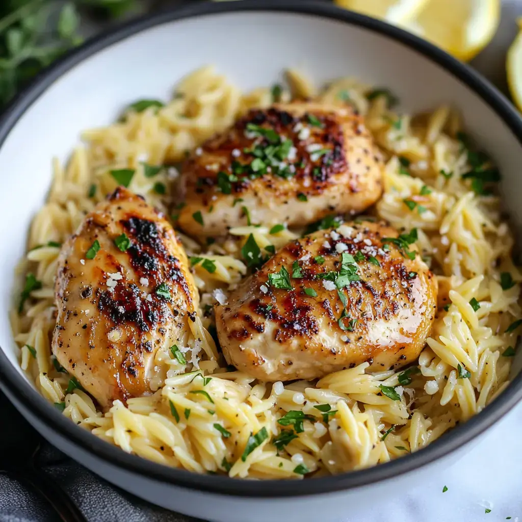 Grilled chicken breasts served over a bed of orzo pasta, garnished with chopped parsley and lemon wedges.