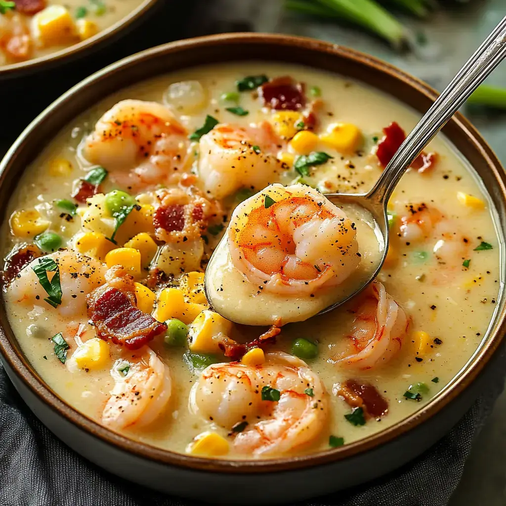 A spoonful of creamy shrimp soup loaded with corn, peas, bacon, and garnished with parsley is highlighted in a bowl.