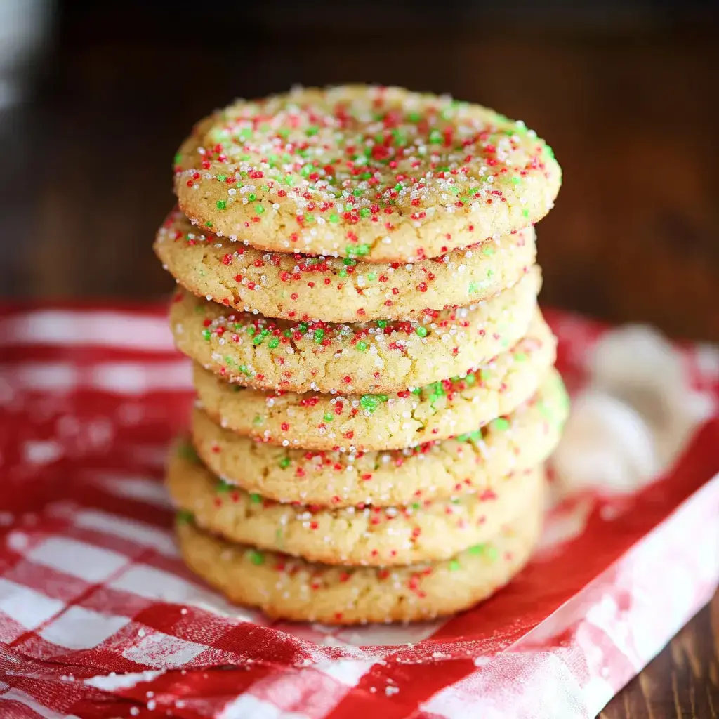 A stack of colorful, sprinkled cookies rests on a red and white checkered cloth.