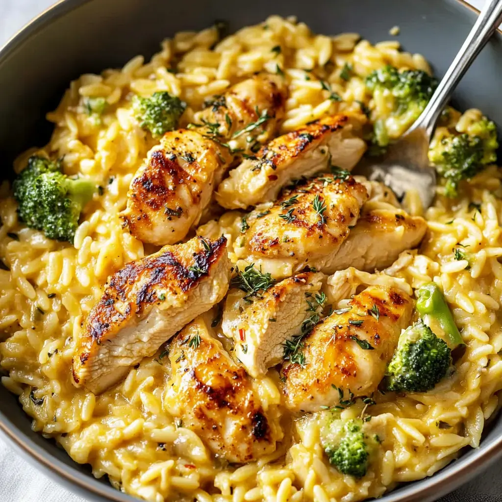 A bowl of creamy orzo pasta with grilled chicken pieces and broccoli.