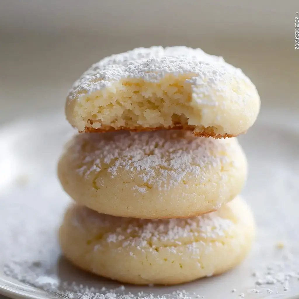 A close-up image of three soft, powdered sugar-coated cookies, with the top cookie partially bitten.