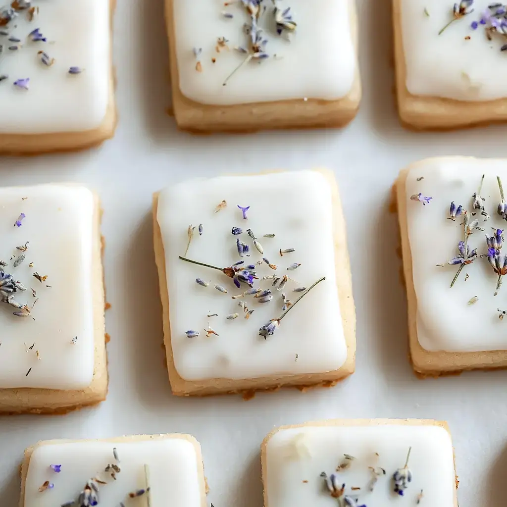 A close-up of rectangular iced cookies topped with dried lavender flowers arranged neatly on parchment paper.