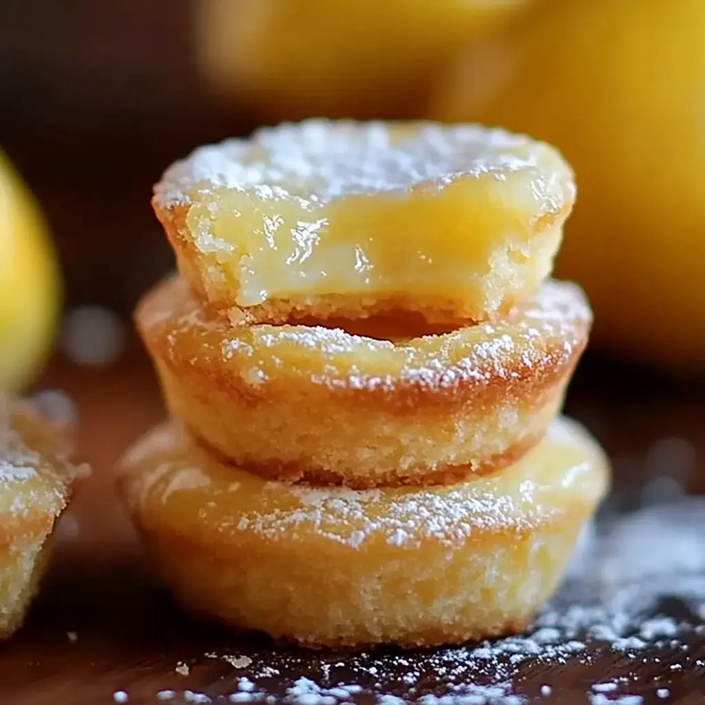 Three stacked lemon tartlets dusted with powdered sugar, with one showing a creamy filling.