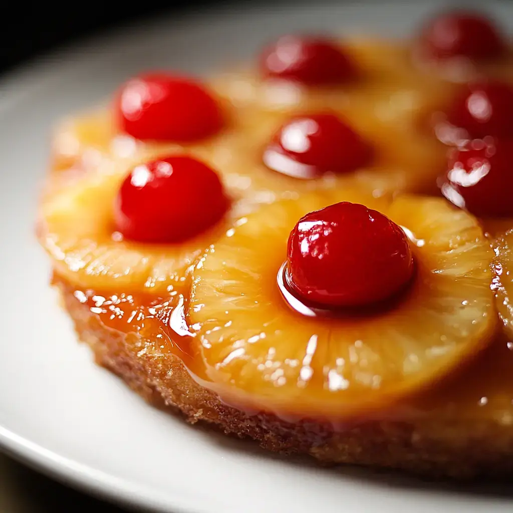 A beautifully presented pineapple upside-down cake topped with maraschino cherries.