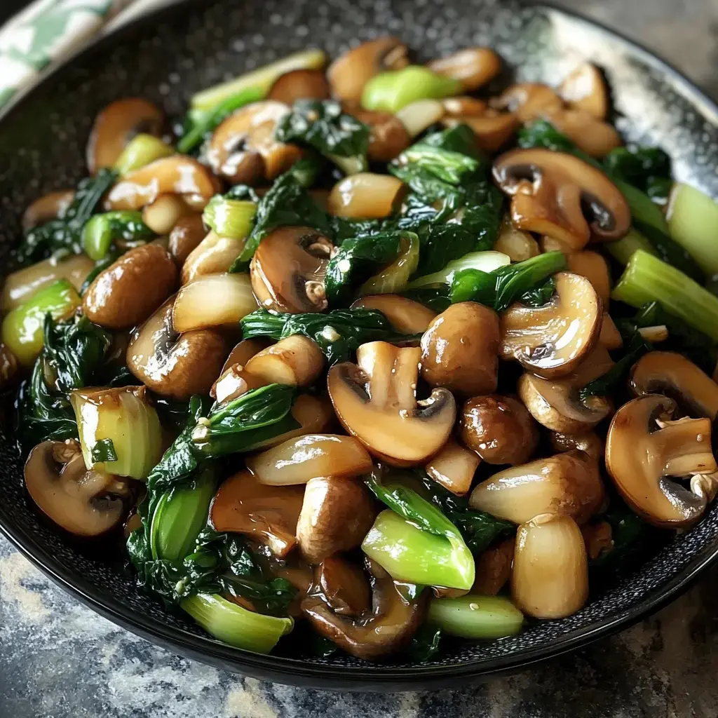 A black bowl filled with sautéed mushrooms, green onions, and leafy greens, glistening with a savory sauce.