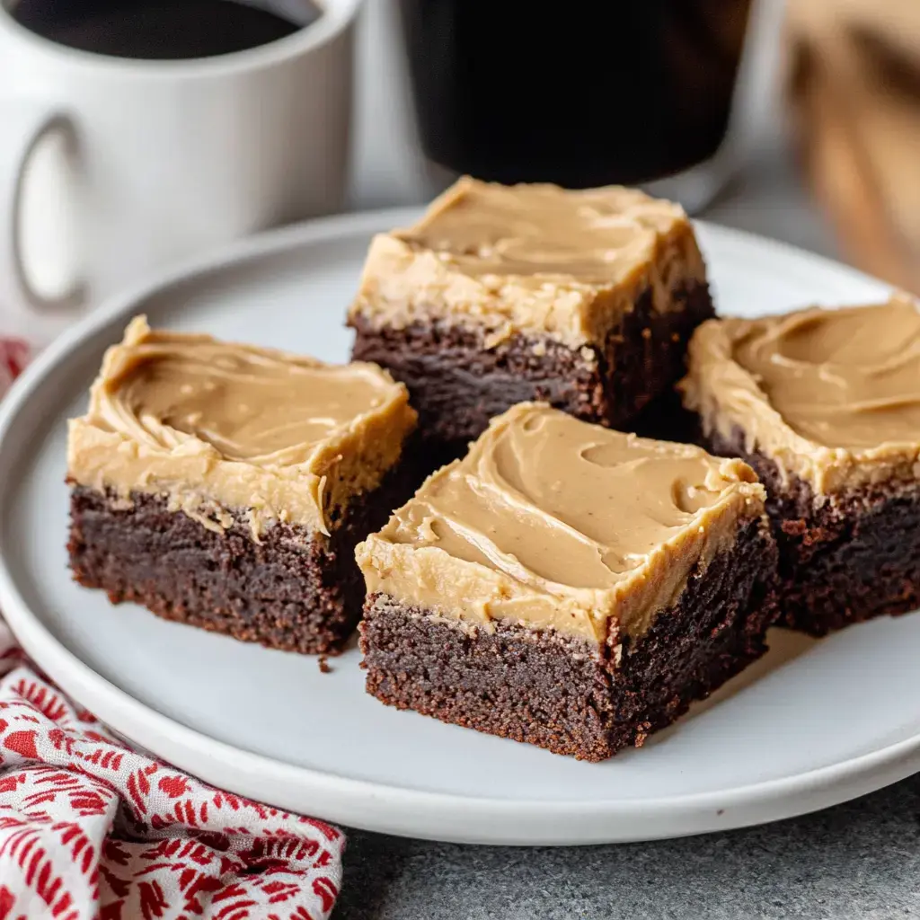 Four pieces of brownie topped with creamy peanut butter frosting are displayed on a white plate, beside a cup of coffee.