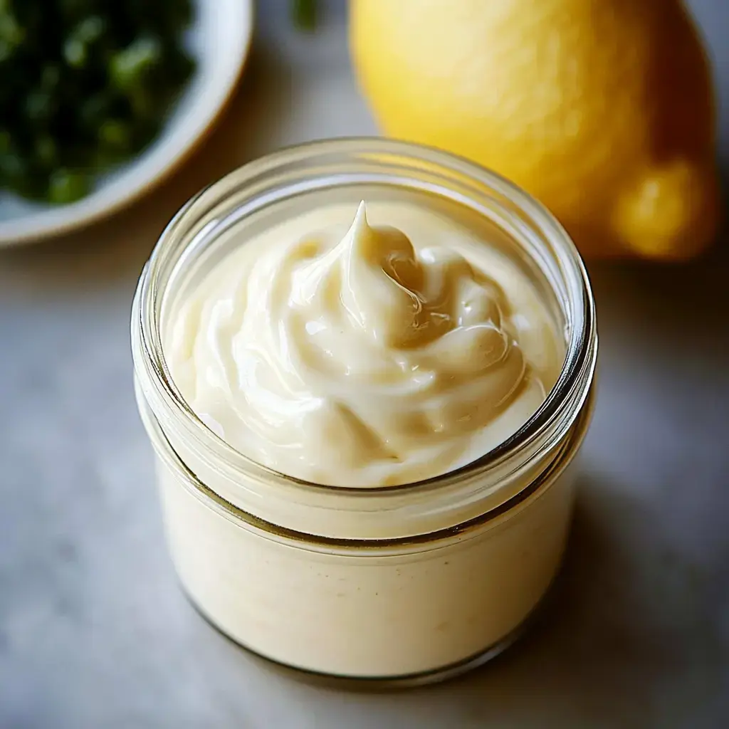 A jar of creamy mayonnaise is placed on a surface with a lemon and chopped green herbs in the background.