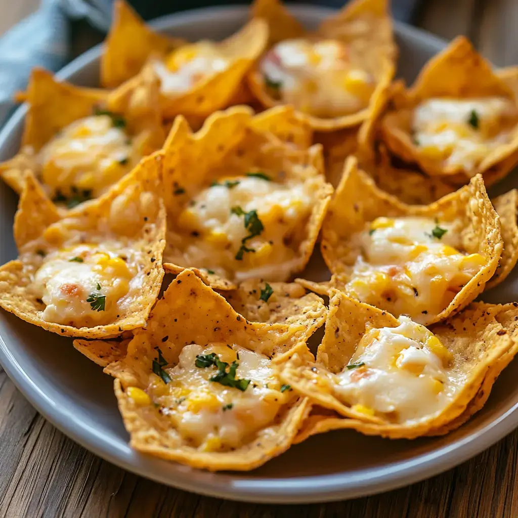 A plate of corn tortilla chips filled with melted cheese and garnished with herbs.