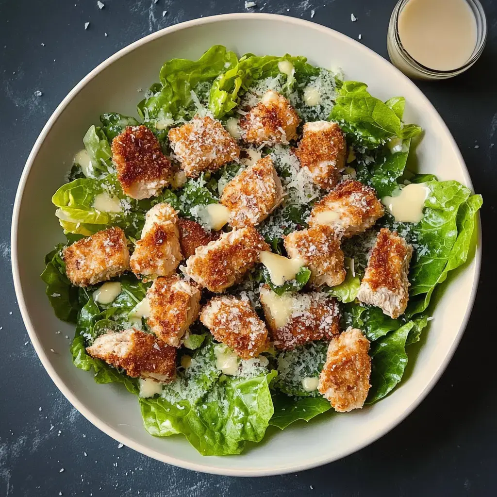 A salad featuring crispy chicken pieces on a bed of romaine lettuce, topped with grated cheese and a light dressing, with a small jar of dressing on the side.